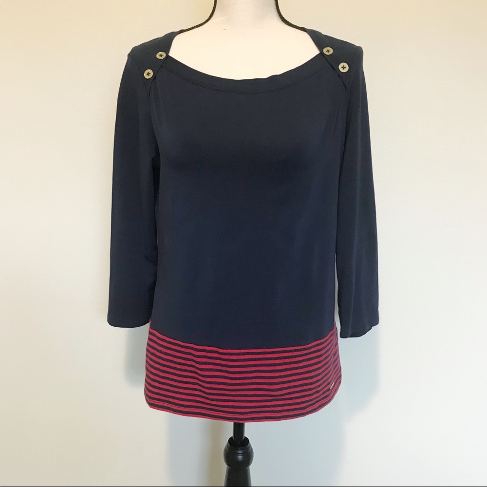 Nautica Blue And Red Striped Button T-Shirt Top